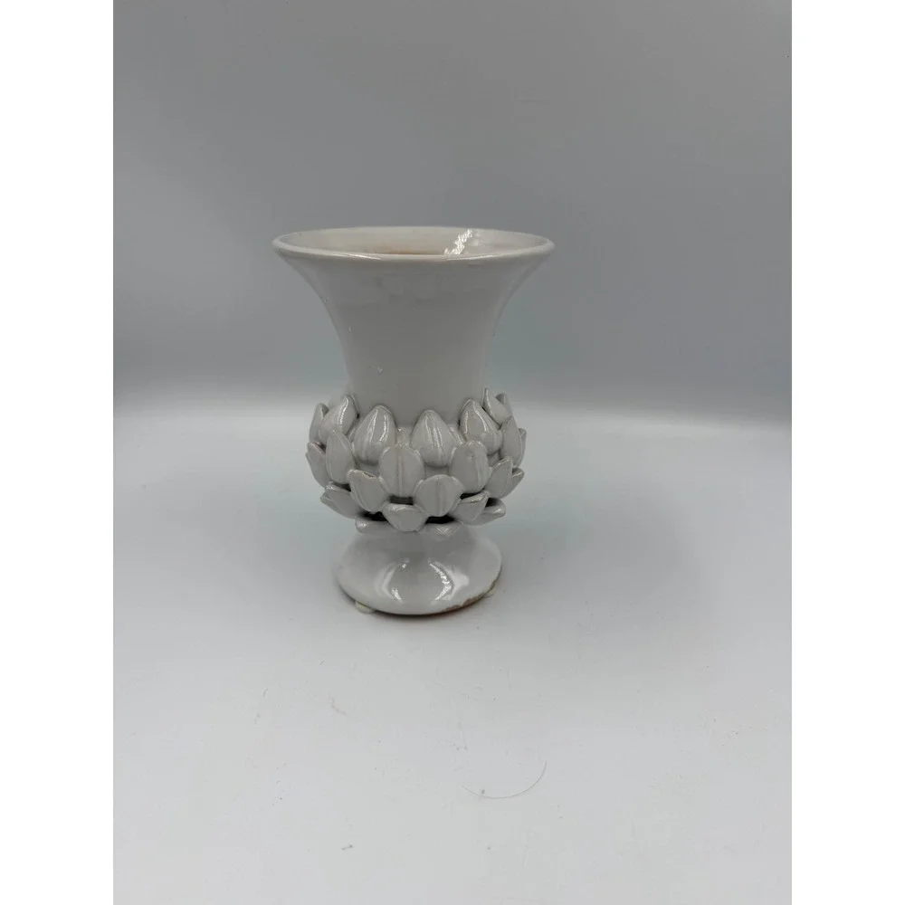 White Ceramic Artichoke Leaf Textured Pedestal Vase Flared Rim 6 Inch